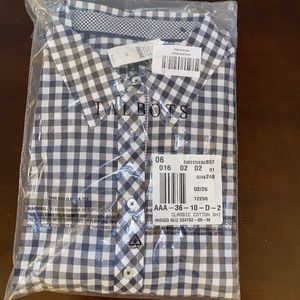 Navy blue plaid button down shirt
